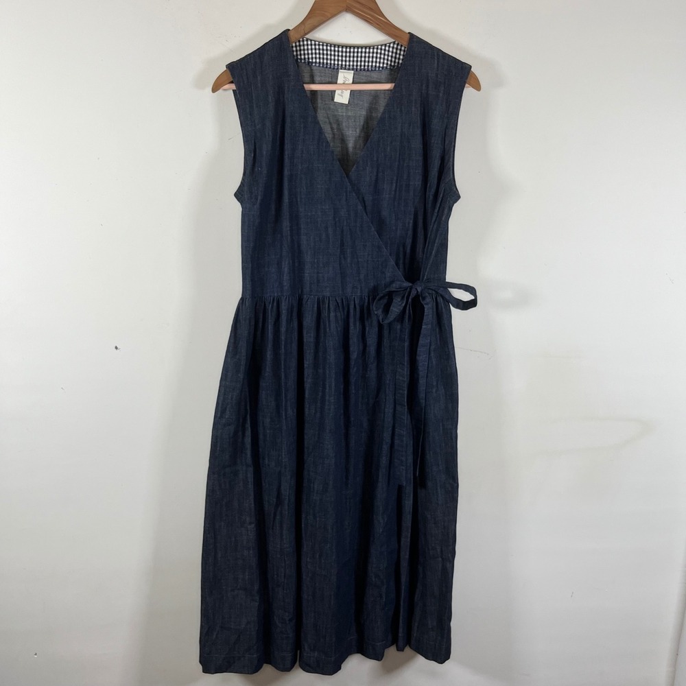 Dark Denim Chambray Sleeveless Midi Wrap Dress Minimalist Chic Preppy Scandi